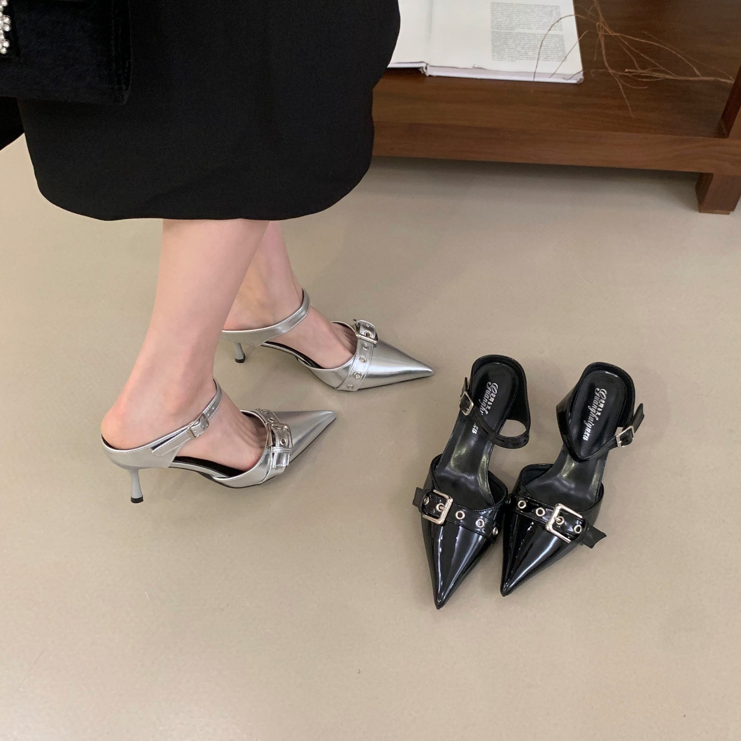 Baotou Half Slippers Women Shoes 2026 Spring Summer New Pointed Toe Thin Heel Sexy Sandals Retro High Heels