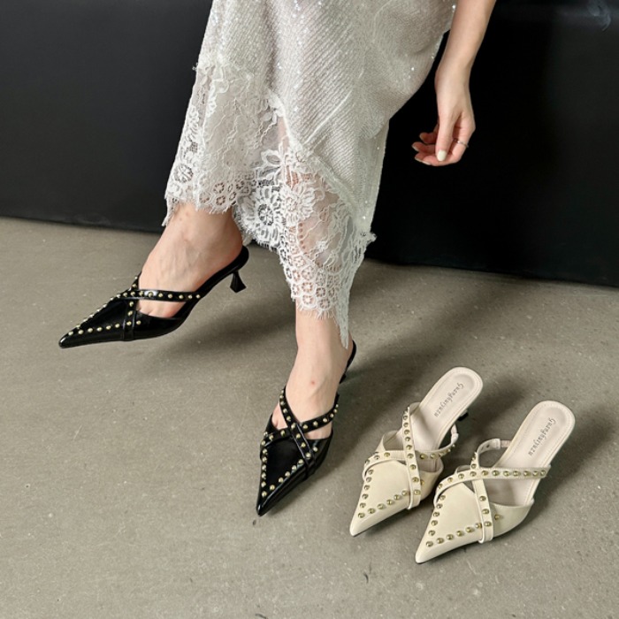 Rivet High Heel Slippers for Women Summer 2026 New Pointed Toe Thin Heel Slip-On Shoes Mid Heel Closed Toe Slippers